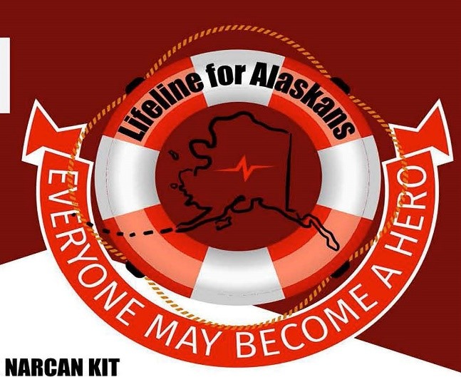 Red and white life-preserver with text on it that says lifeline for Alaskans. Text underneath that says everyone may become a hero. 